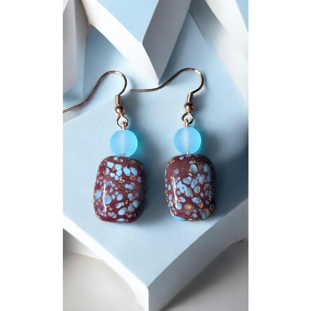 Blue & Brown Glass Dangle Earrings with Rose Gold Hooks Handmade Speckled Bead